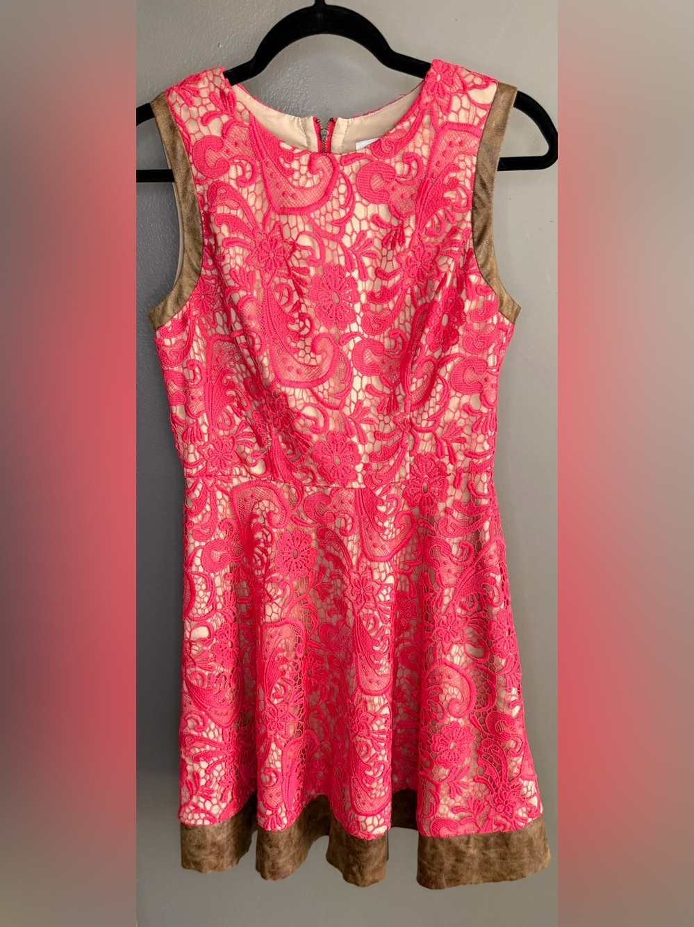 Jessica Simpson Pink Lace Dress Faux Leather Trim Fit Flare Editorial Runway